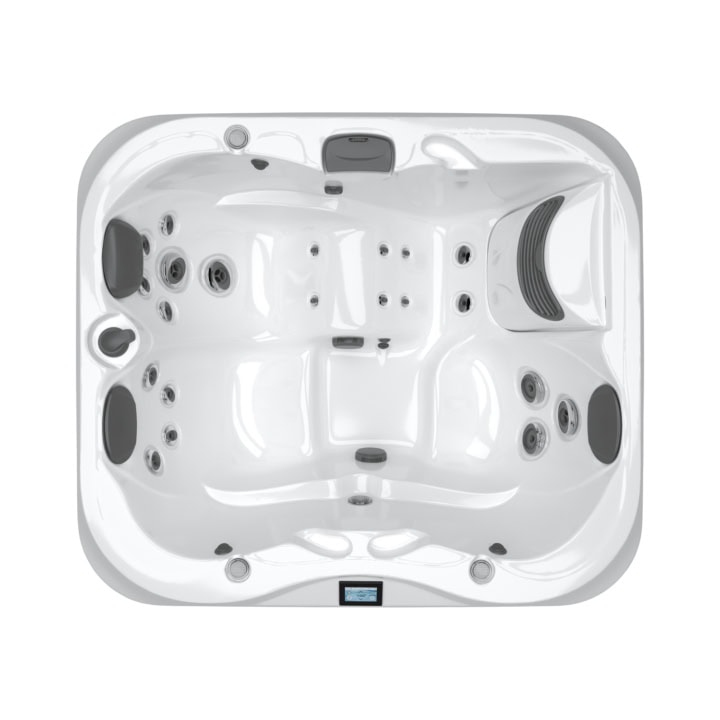 Bovenaanzicht van moderne witte jacuzzi met jets