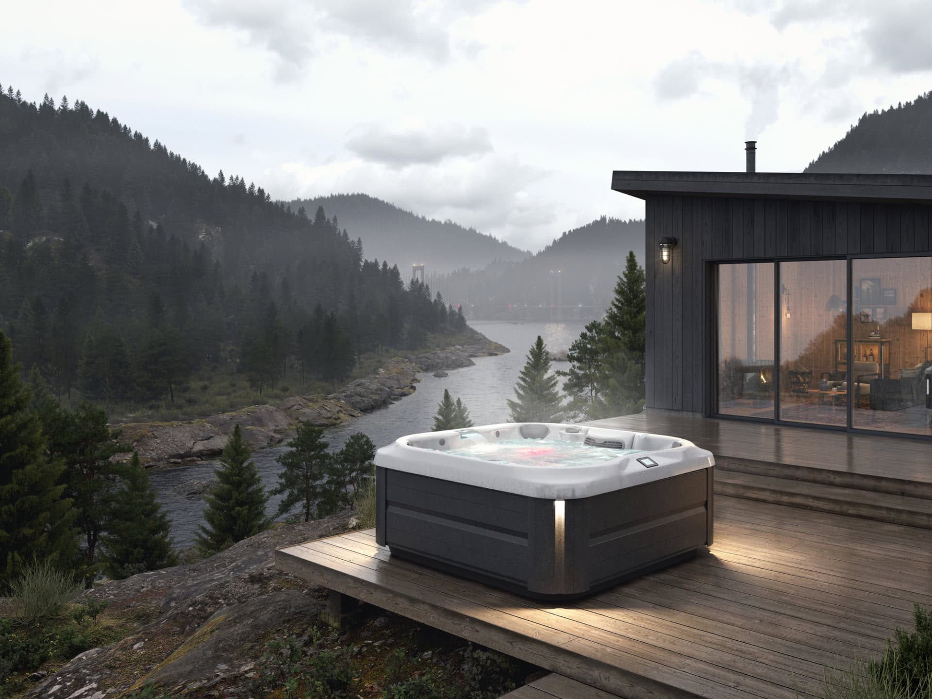 Berglandschap met hut en bubbelbad op terras.