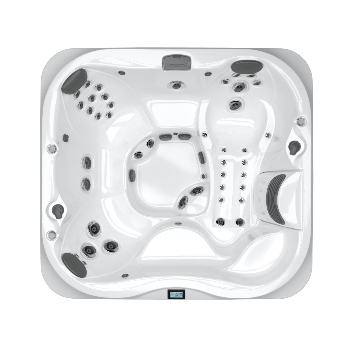 Luxe witte jacuzzi met meerdere zitplaatsen en jets.