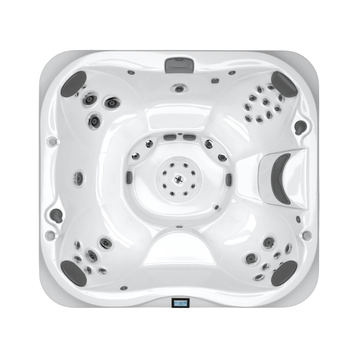 Bovenaanzicht van witte jacuzzi met jets.
