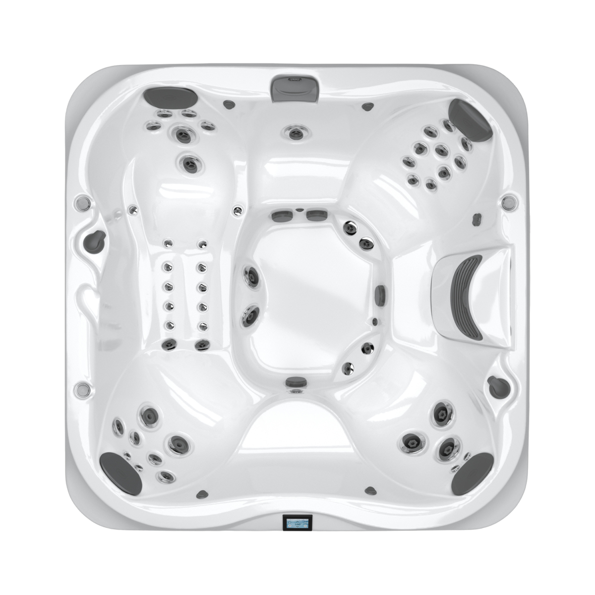 Bovenaanzicht moderne witte jacuzzi met meerdere jets.
