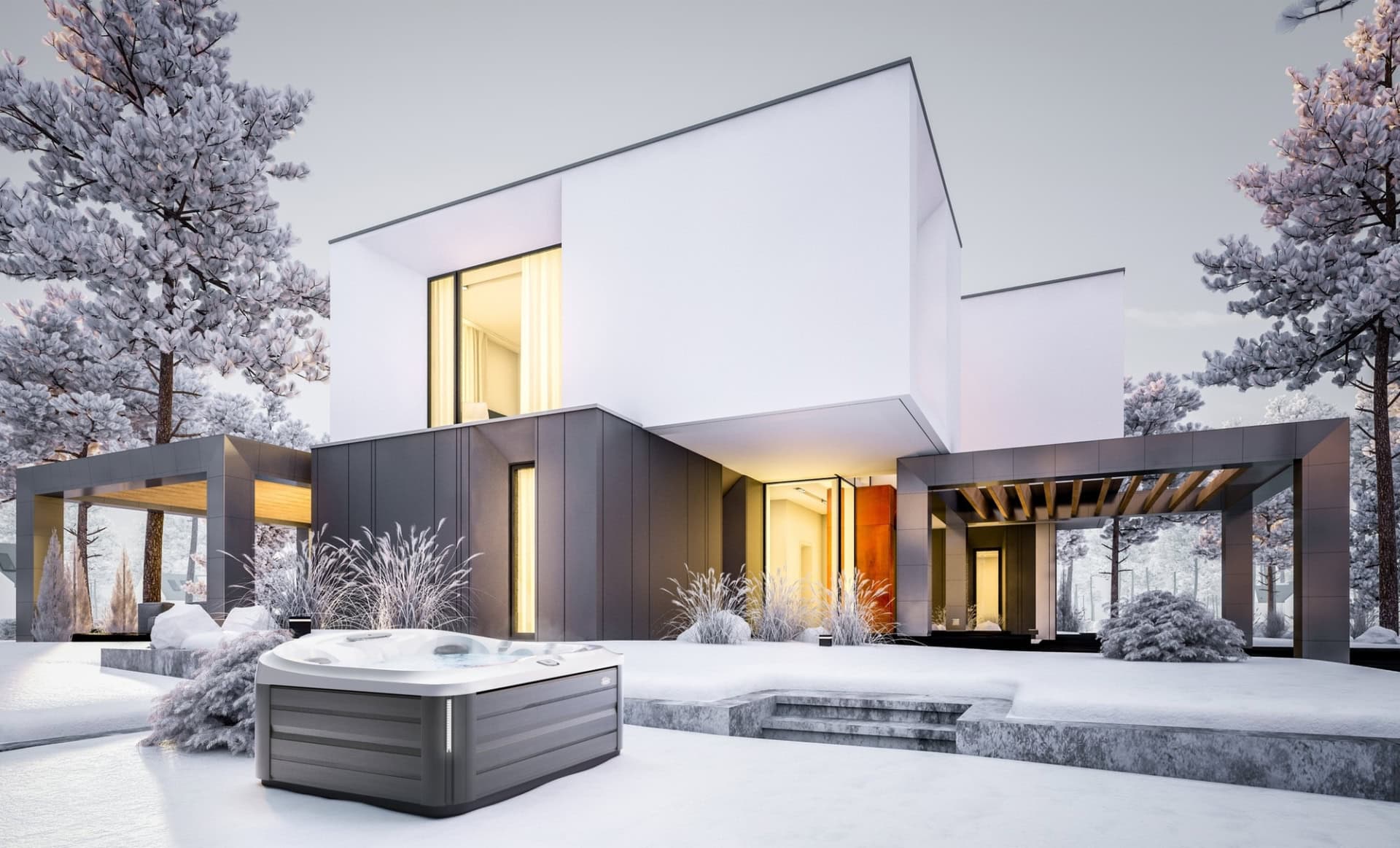 Moderne villa in winterlandschap met jacuzzi