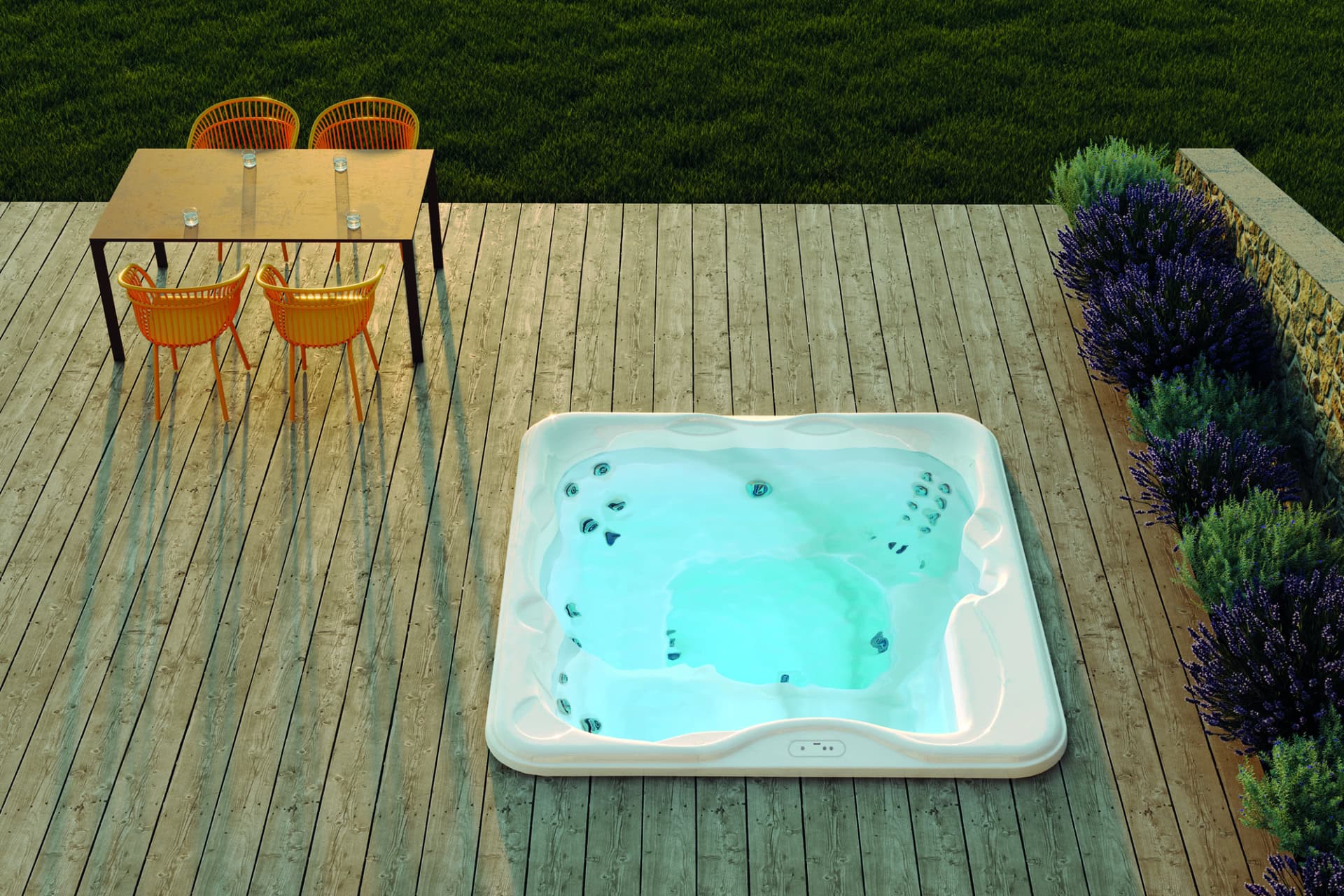 Bubbelbad op houten terras met tafel en stoelen.