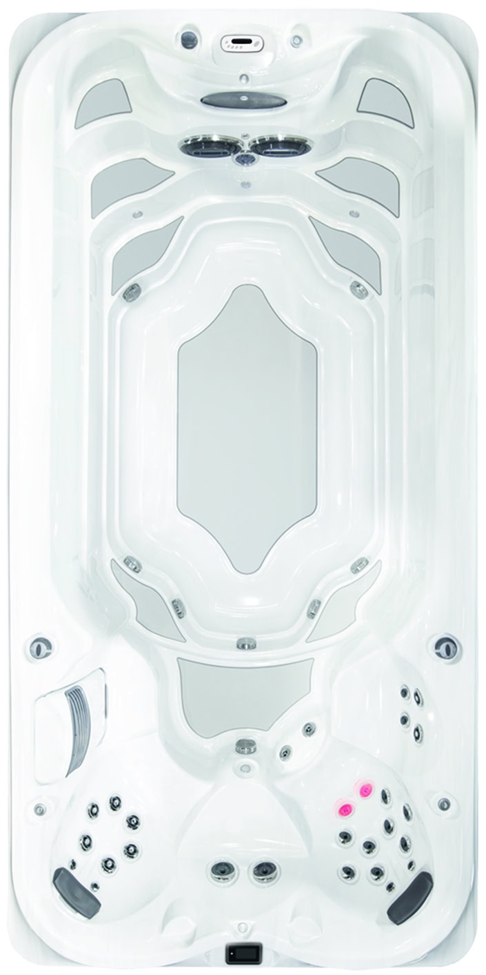 Luxueuze witte jacuzzi met verschillende jets en zitplekken.