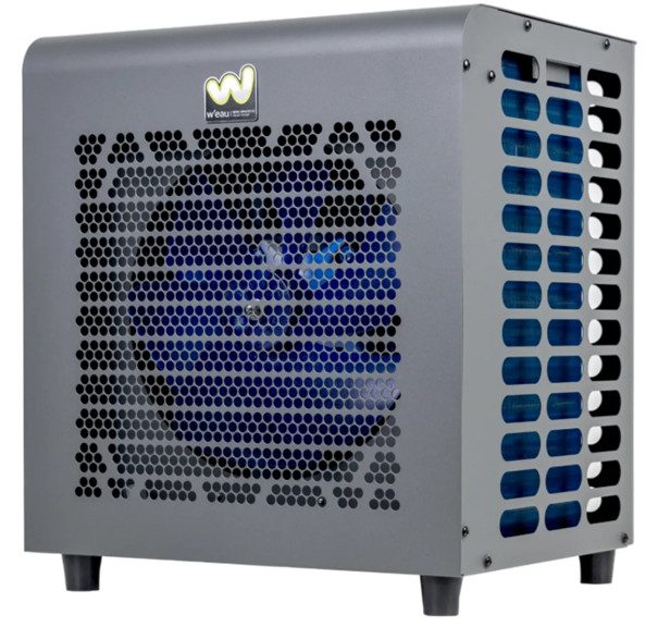 Grijze zwembad warmtepomp met ventilator en rooster