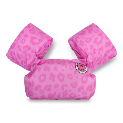 Roze kinderzwemvest met luipaardpatroon.