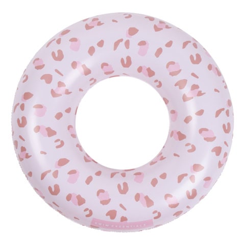 Roze opblaasbare zwemring met luipaardprint.