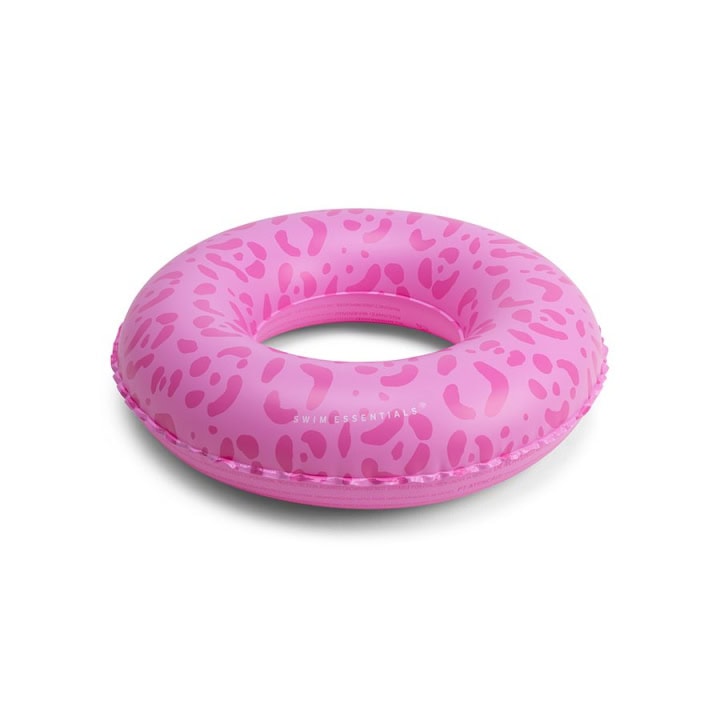 Roze opblaasband met luipaardprint voor zwemmen.