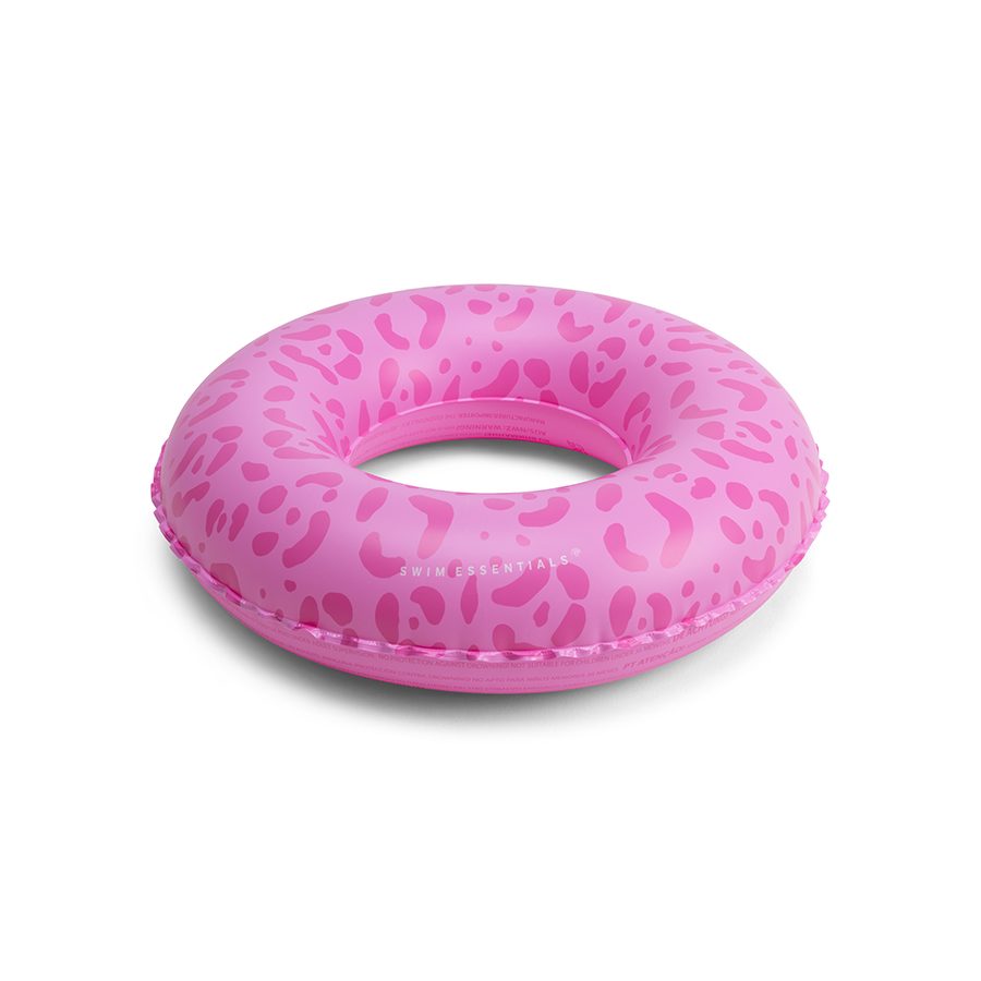 Roze opblaasband met luipaardprint voor zwemmen.
