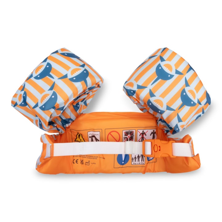 Oranje zwemvest met haaien motief voor kinderen.
