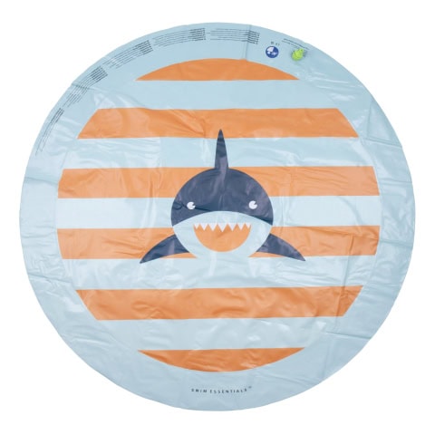 Buitenspeelkleed met haai afbeelding in oranje en blauw.