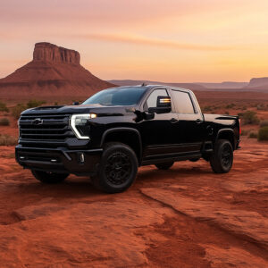 Stainless steel truck cap on black pickup truck in desert landscape at sunset.