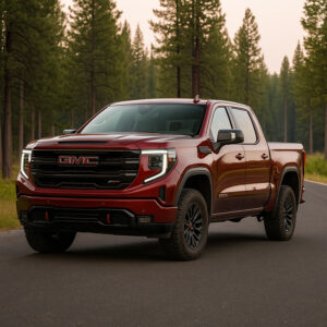 GMC pickup truck with stainless steel truck cap installed in a forested outdoor setting.