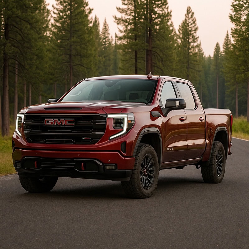 GMC pickup truck with stainless steel truck cap installed in a forested outdoor setting.