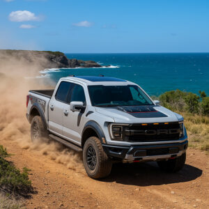 Durable stainless steel truck cap mounted on a Ford pickup truck driving on a dirt trail near the coast, showcasing rugged off-road capabilities.