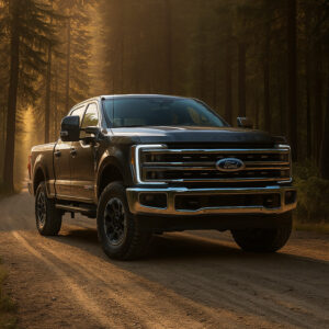 Stainless steel truck cap on a Ford pickup truck in a forest setting, showcasing durable and sleek truck bed cover design, ideal for outdoor and utility use.
