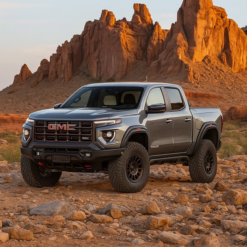 Stainless steel non-modular truck cap on a rugged GMC pickup truck in desert terrain with rock formations in the background.
