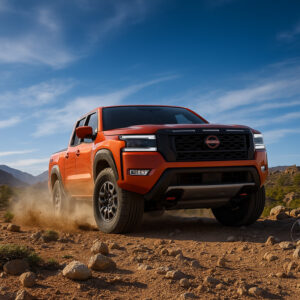 Stainless steel non-modular truck cap on a rugged off-road vehicle driving over rocky terrain under a blue sky.