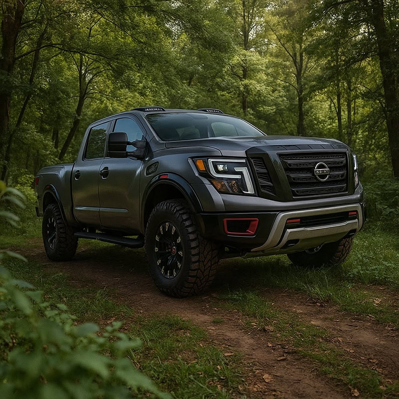 Stainless steel non-modular truck cap installed on a rugged pickup truck parked in a forest setting.