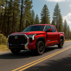 Stainless steel non-modular truck cap on a red Toyota Tundra driving through a forest road.