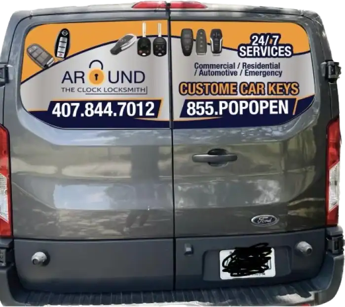 Locksmith van with business contact info and car key services, including 24/7 emergency locksmith assistance in Florida. Custom car key services and automotive locksmith solutions available.