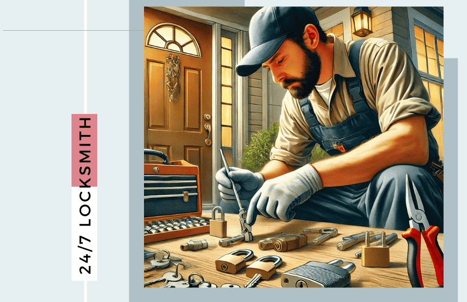 Locksmith working on lock repairs with tools on a wooden workbench outside a house at night.