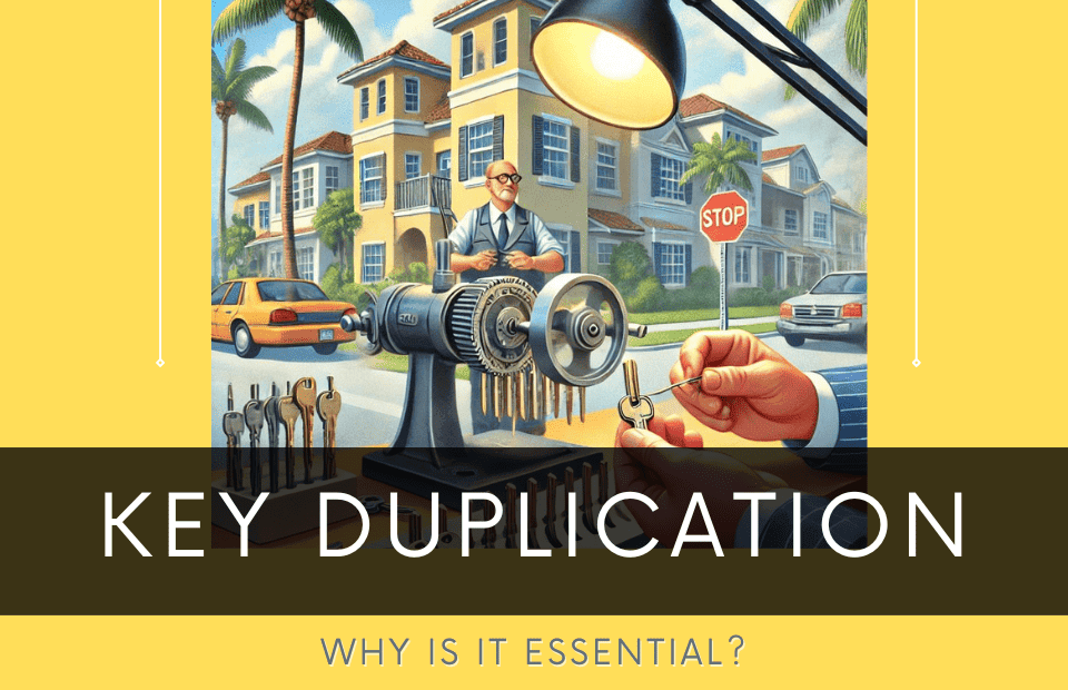 Broken key duplication service at a locksmith, showing key cutting process with advanced machinery in a residential neighborhood.