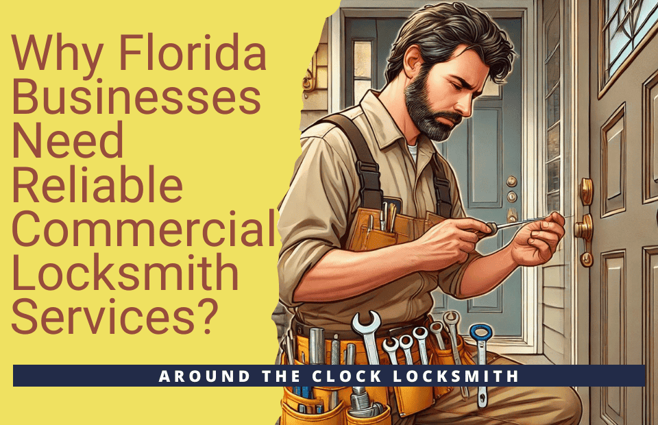 Locksmith working on door lock, locksmith tools, residential locksmith service, professional lock repair, Around the Clock Locksmith Florida.