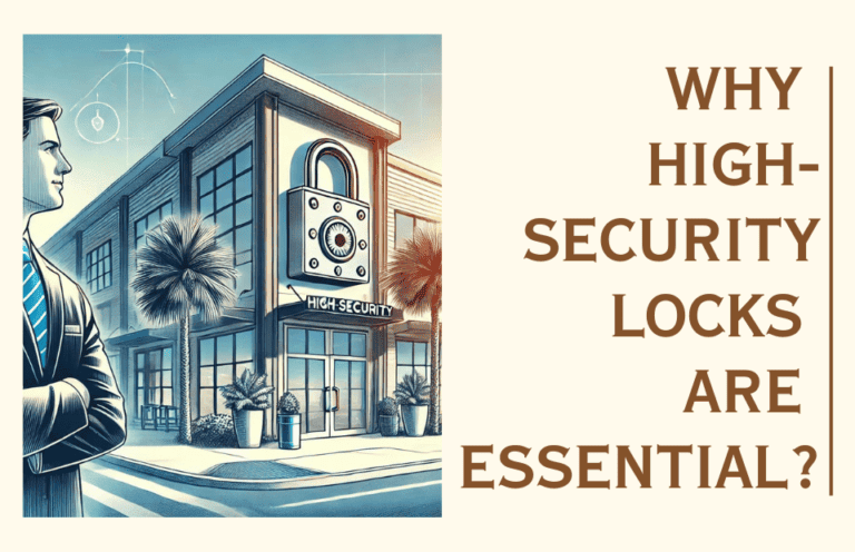 High-security locks on commercial building with large lock sign, modern architecture, palm trees, and professional locksmithing service.