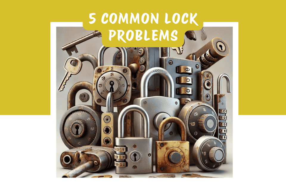 Locks and keys with combination locks and padlocks representing common lock problems and locksmith solutions.