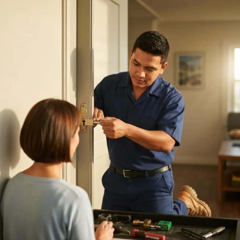 Professional locksmith opening door with lock picking tools Affordable 24/7 locksmith services in Florida.