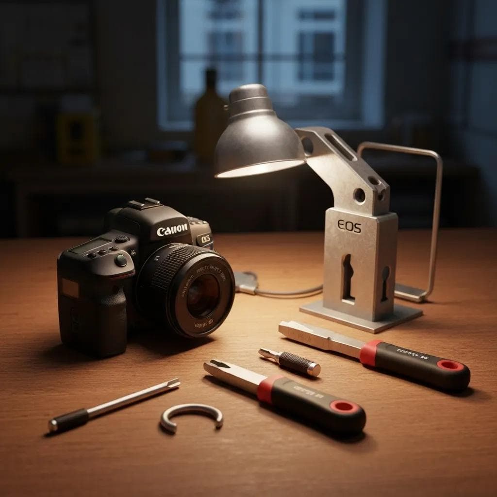 High-quality DSLR camera and locksmith tools on a wooden desk, with a focused work light illuminating the scene, representing professional photography and locksmith services in Florida.