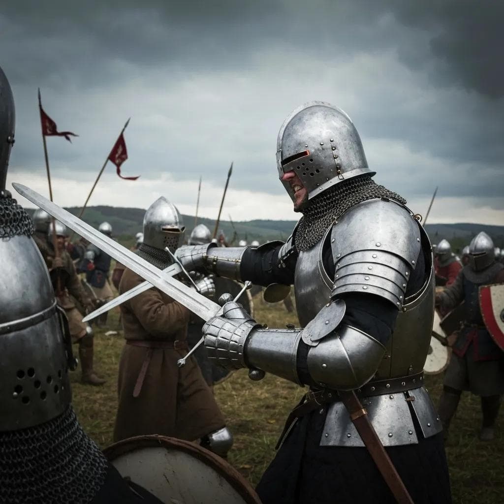 Medieval knight in shining armor engaged in combat during battle reenactment.