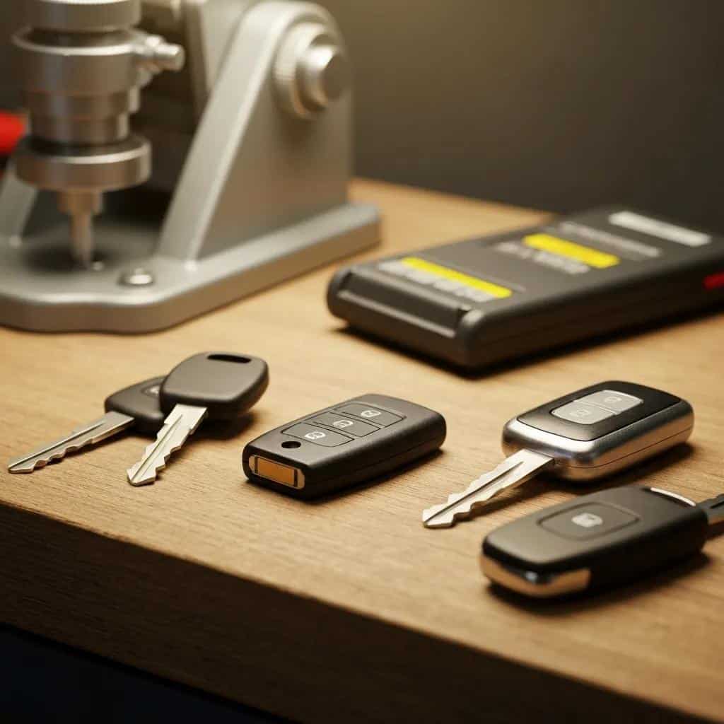 Different types of car keys including standard, transponder, and smart keys on a workbench
