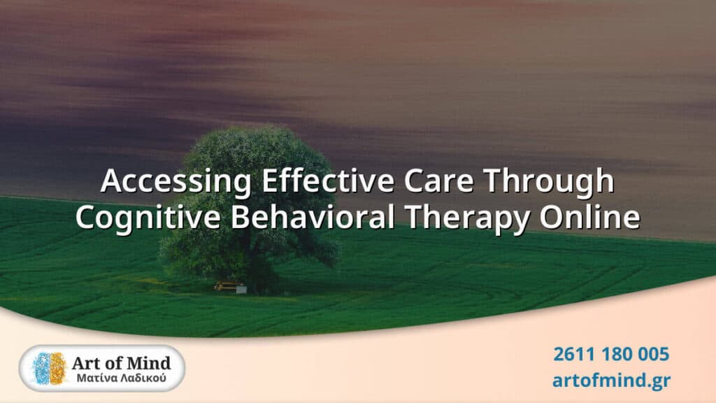 Illustration depicting online cognitive behavioral therapy session showing a therapist and patient engaging through digital communication, emphasizing accessible mental health care.