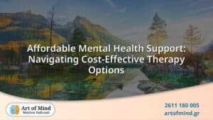 Illustration representing affordable mental health support options including in-person and online therapy, emphasizing accessibility and cost-effectiveness in Greece.