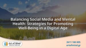 Illustration representing the balance between social media usage and mental health, highlighting strategies to maintain well-being in a digital age for individuals and families.