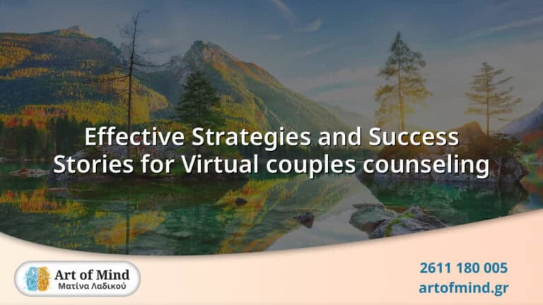 Couple engaged in a virtual counseling session on a laptop, highlighting effective strategies and success stories in online couples therapy from Art of Mind center in Patras.