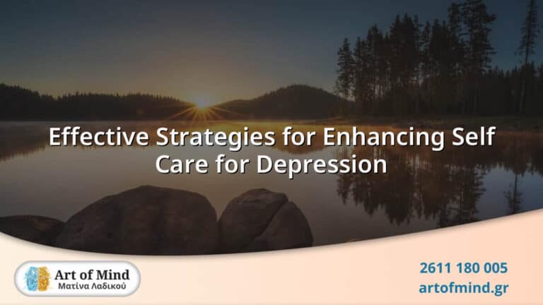 Illustration depicting effective self-care strategies for managing depression, highlighting mindfulness, emotional regulation, physical activity, and nutrition to support mental well-being.