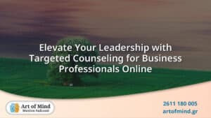 Professional business leader engaging in online counseling session focused on leadership development, stress management, and workplace effectiveness from home or office.