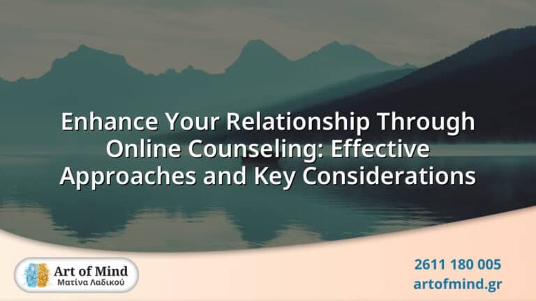 Couple engaged in an online counseling session via video call, focusing on enhancing their relationship through evidence-based therapeutic approaches offered by Art of Mind center in Patras.