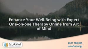 A serene and professional online therapy session from Art of Mind in Patras, Greece, showcasing expert one-on-one mental health support through digital platforms.
