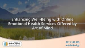 A serene and inviting digital illustration symbolizing online emotional health services by Art of Mind, highlighting accessible psychotherapy and mental well-being support in Greece.