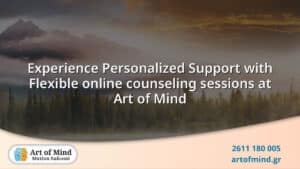 A serene and welcoming online counseling session interface representing flexible, personalized mental health support provided by Art of Mind psychotherapy center in Patras, Greece.