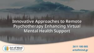 Digital remote psychotherapy session showing a therapist and client connecting via video call, highlighting innovative virtual mental health support methods.