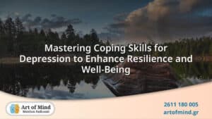 A serene and thoughtful representation of mastering coping skills for depression, emphasizing resilience and well-being through therapeutic techniques at Art of Mind center in Patras, Greece.