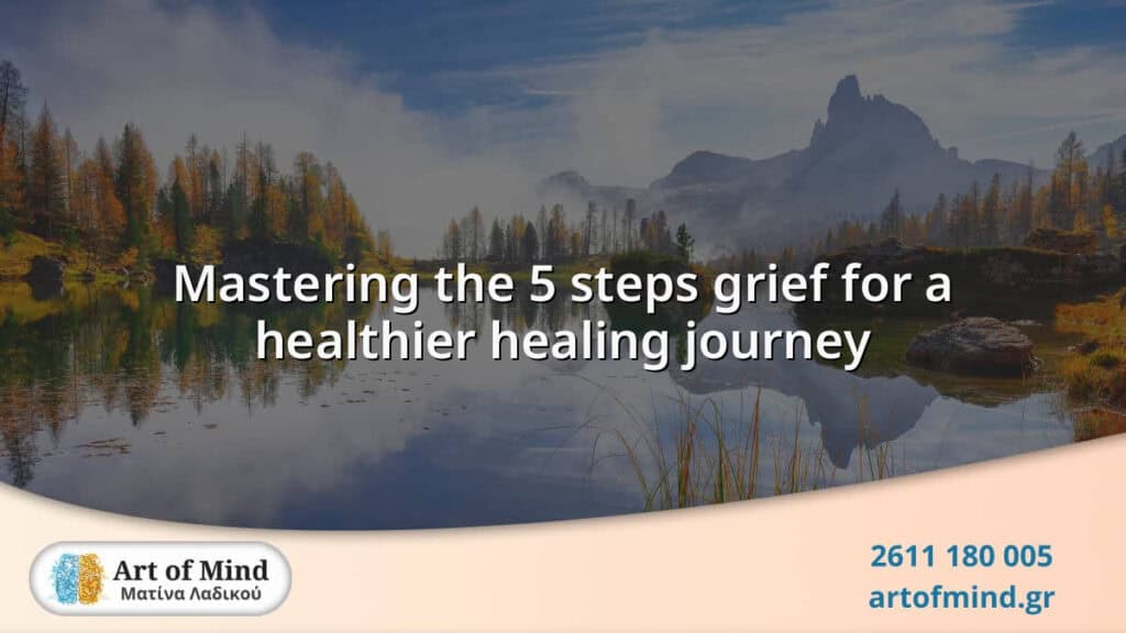 Illustration representing the five stages of grief—denial, anger, bargaining, depression, and acceptance—guiding individuals toward healthier emotional healing and resilience during loss.