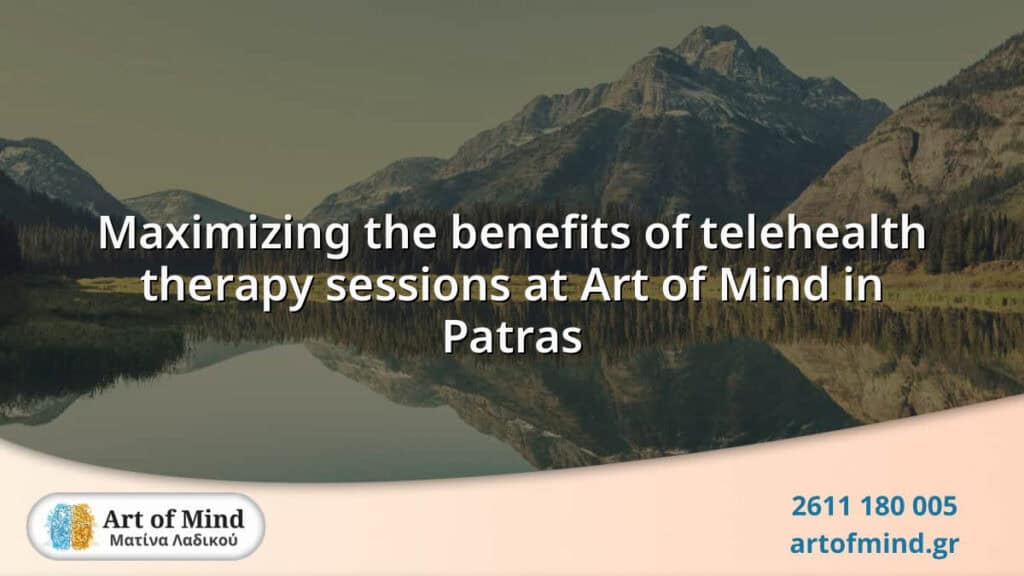 A professional therapist conducting a telehealth therapy session online with a patient, highlighting the benefits and accessibility of remote mental health services at Art of Mind in Patras, Greece.