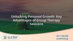 Group therapy session at Art of Mind psychotherapy center in Patras, Greece, highlighting the benefits of shared experiences and personal growth in a supportive environment.