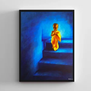 Steps of Stillness, an A1 acrylic painting depicting a young monk in quiet prayer on a staircase in deep contemplative blues.